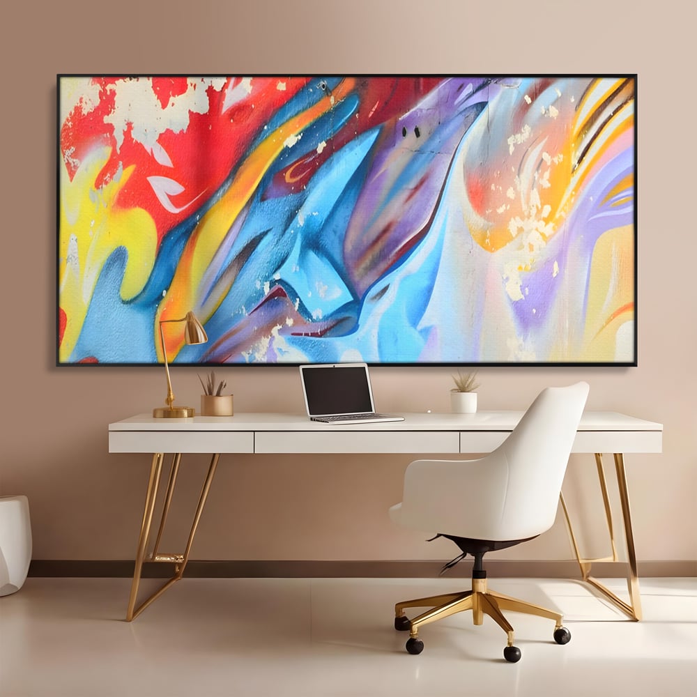 Tablou canvas cu pictura abstracta cu forme dinamice, in rama de aluminiu negru, pe perete intr-un birou